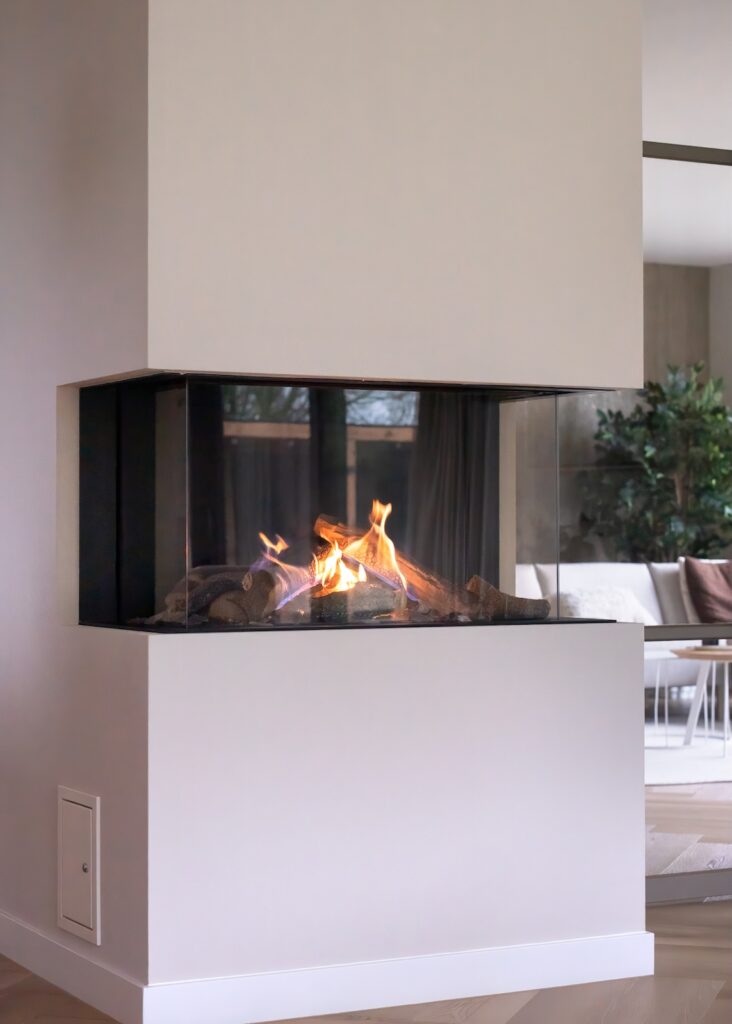 Driezijdige gashaard met veel zicht op het vlammenspel in modern interieur
